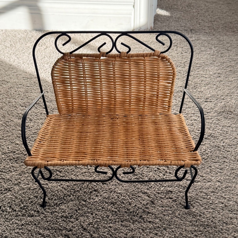 Vintage Miniature Wrought Iron and Wicker Loveseat Bench Doll Furniture Decor